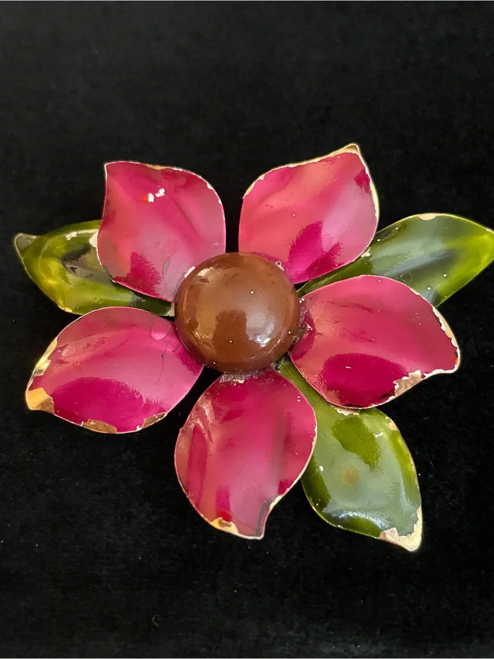 Vintage Pink Enamel Flower Brooch with Green Leaves